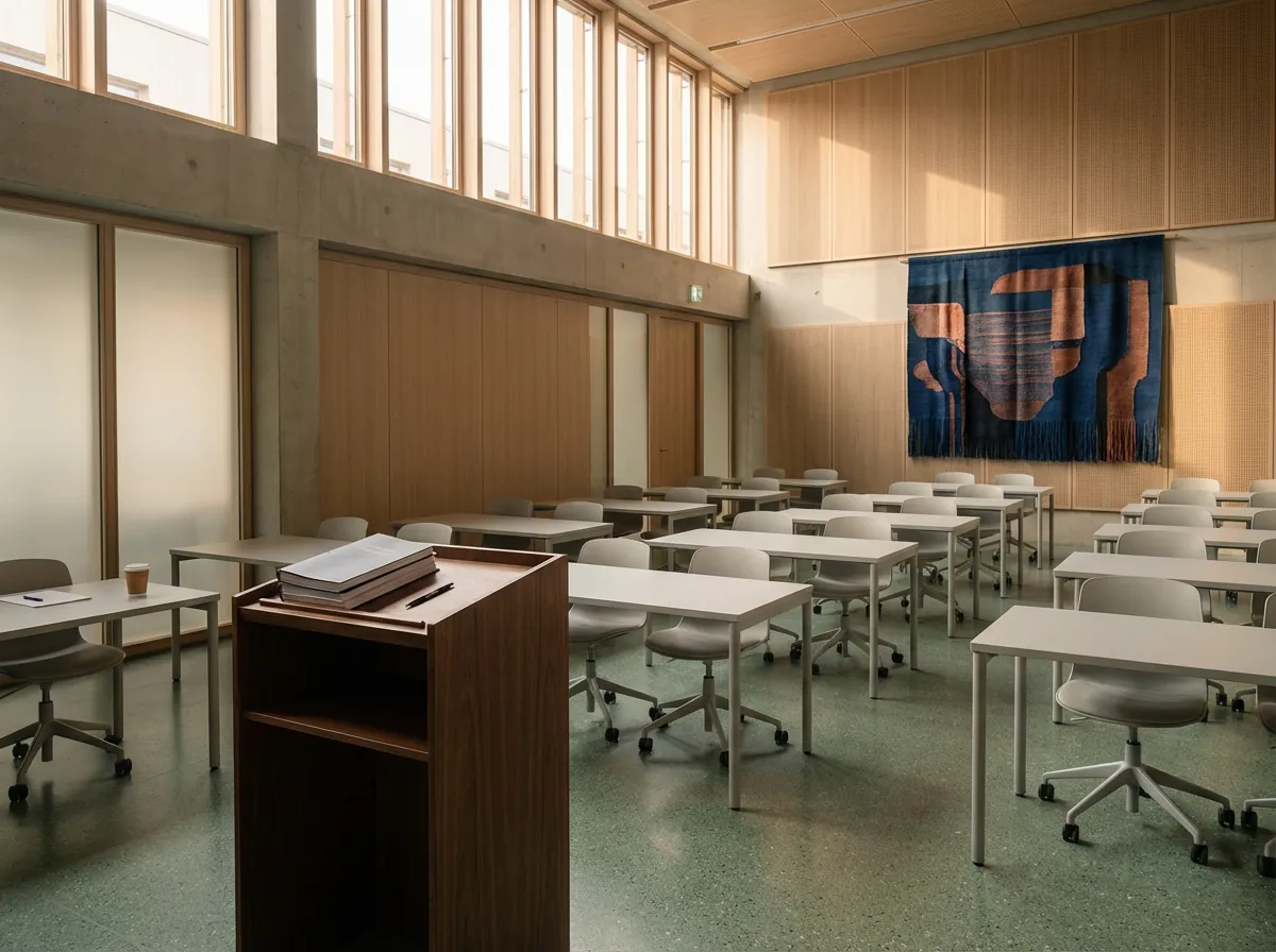 Training room set up with a lectern and desks