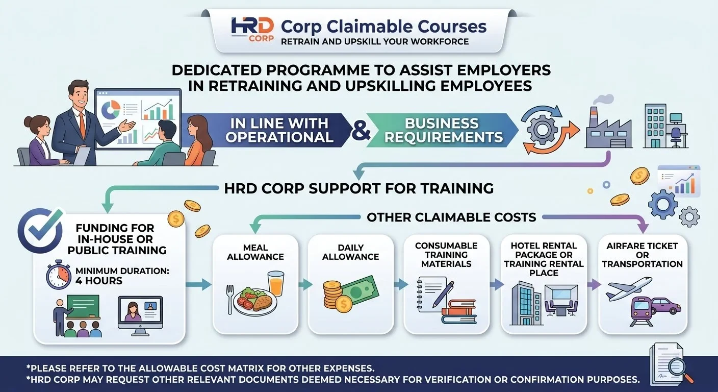 HRD Corp Claimable Courses: funding for in-house or public training of at least 4 hours, plus claimable meal allowance, daily allowance, consumable training materials, hotel or training venue rental, and airfare or transportation