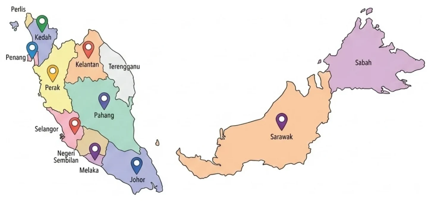 Map of Malaysia showing training locations in Perlis, Kedah, Penang, Perak, Kelantan, Terengganu, Pahang, Selangor, Negeri Sembilan, Melaka, Johor, Sabah and Sarawak