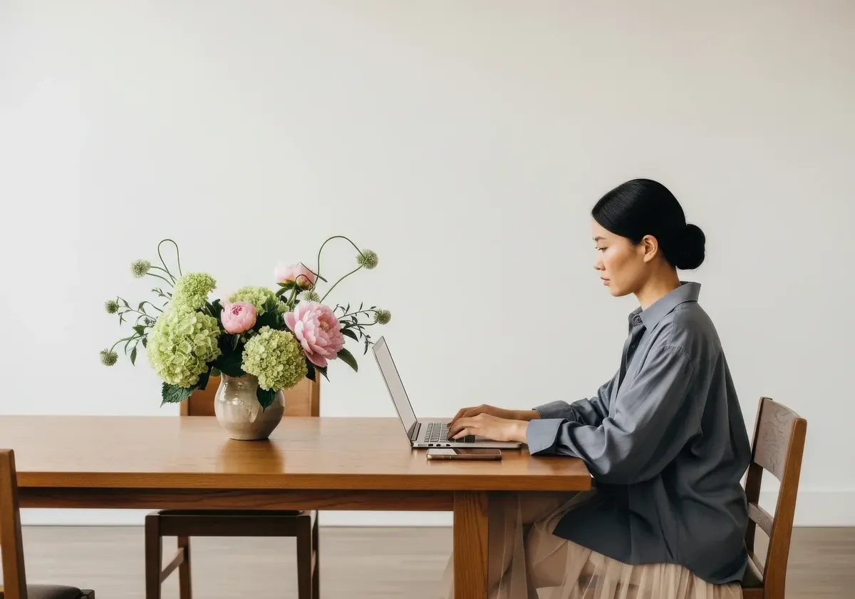 Woman working on a laptop at a wooden table